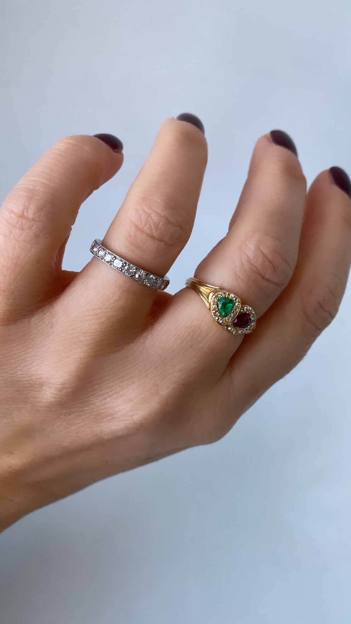 emerald, ruby & rosecut diamond twin heart ring