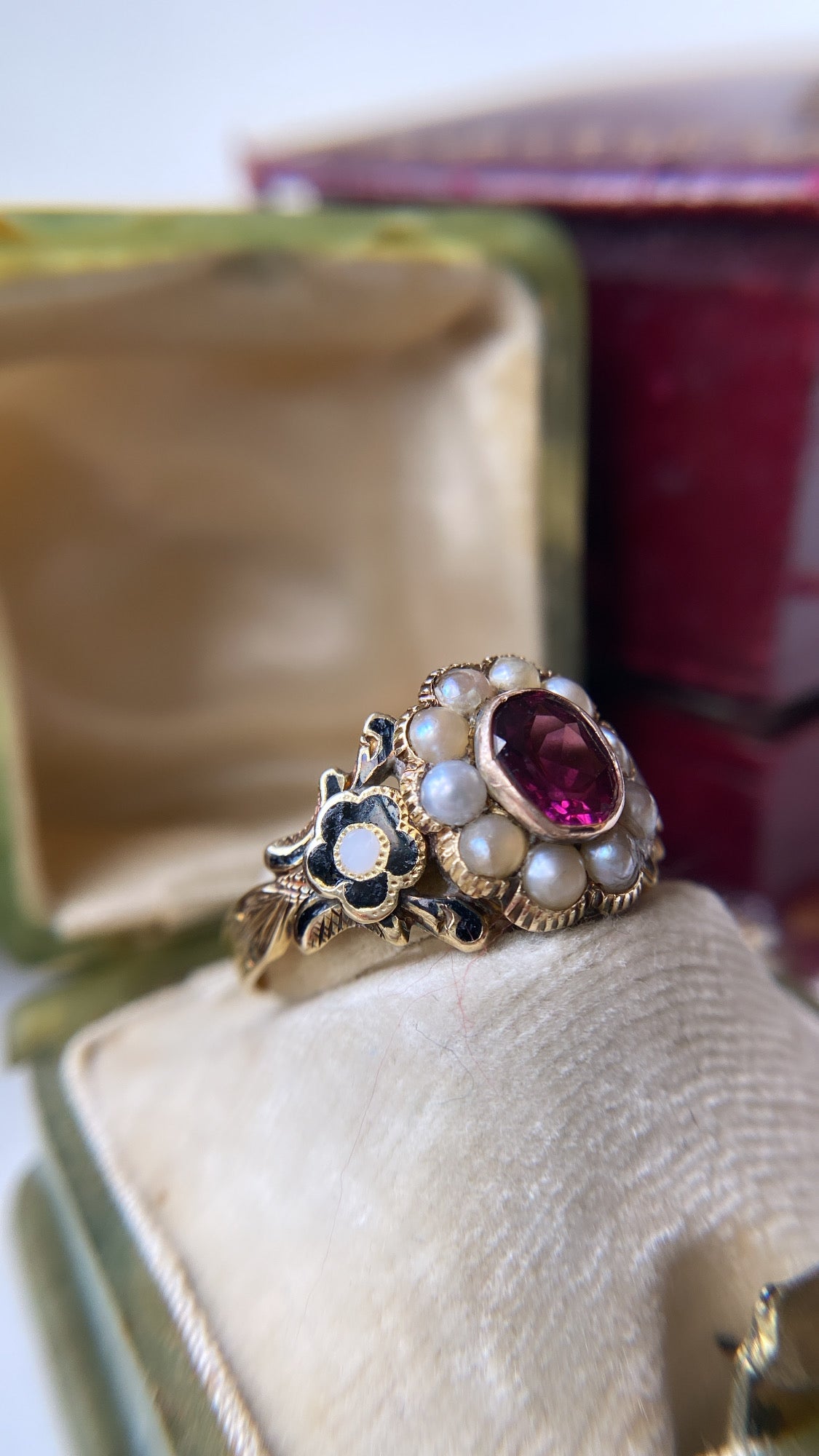 the enamel flower and garnet mourning ring