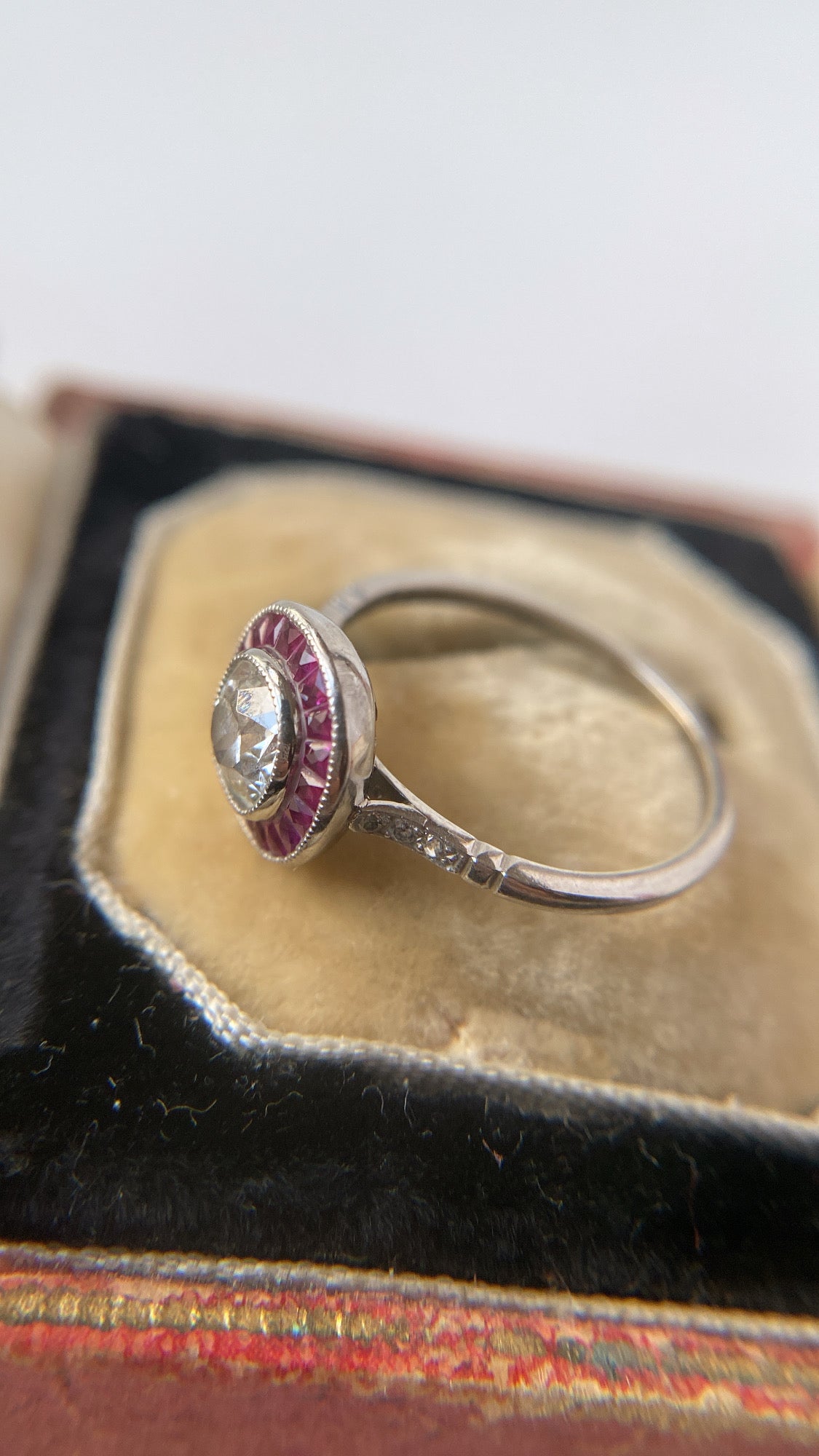 the art deco diamond and ruby target ring