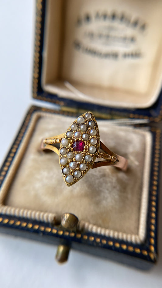 antique ruby and seed pearl navette