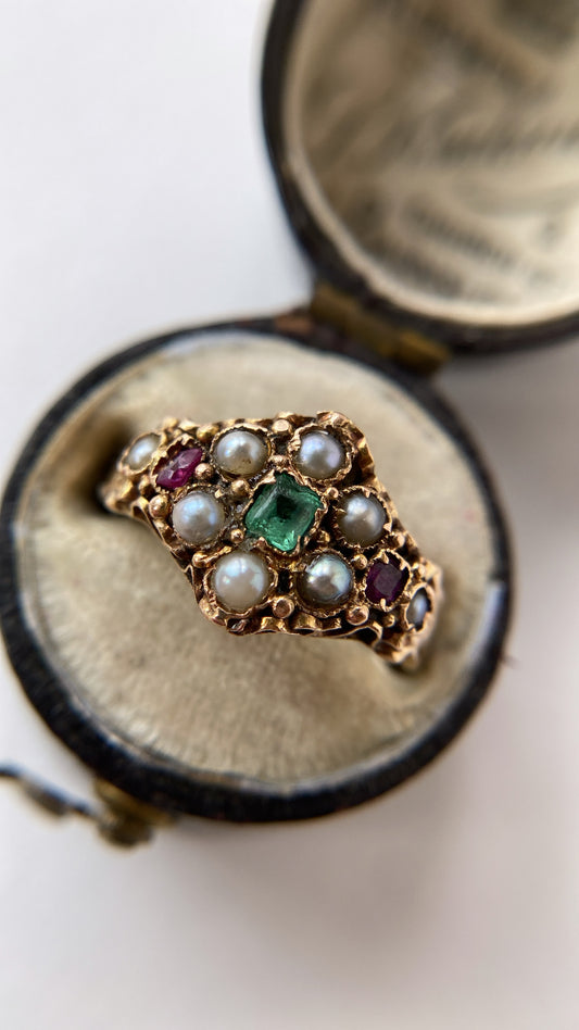the ruby, pearl and emerald flower cluster