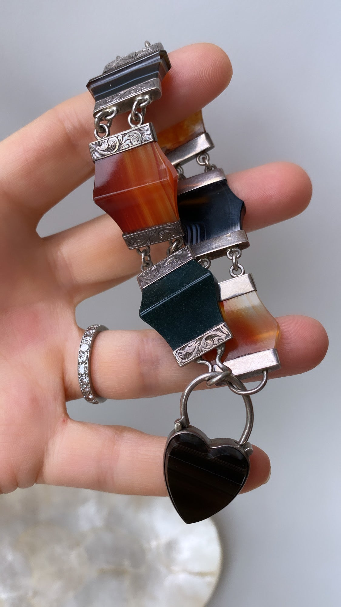 silver agate bracelet with heart padlock