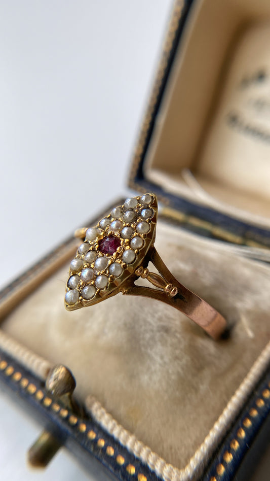 antique ruby and seed pearl navette