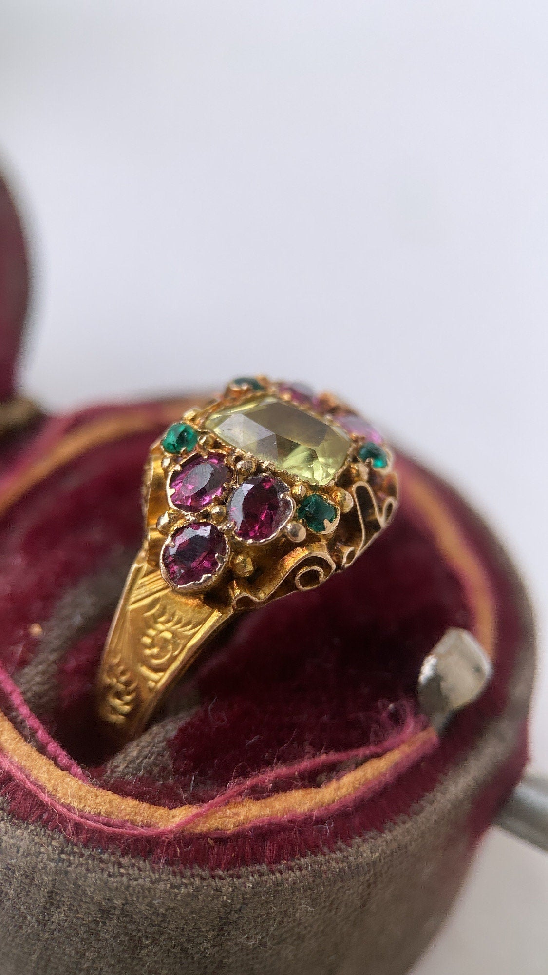 victorian garnet, emerald paste and chrysoberyl ring