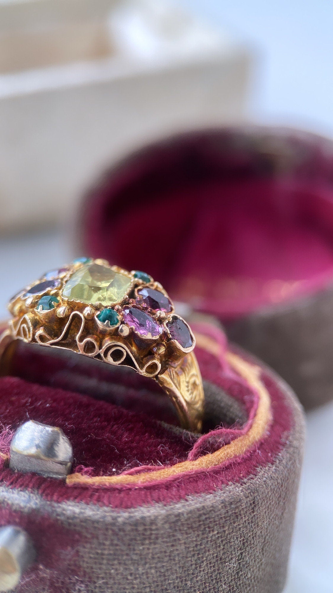 victorian garnet, emerald paste and chrysoberyl ring