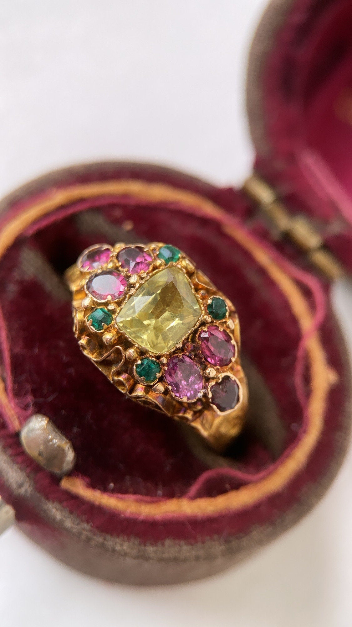 victorian garnet, emerald paste and chrysoberyl ring