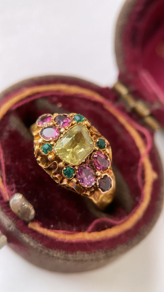 victorian garnet, emerald paste and chrysoberyl ring