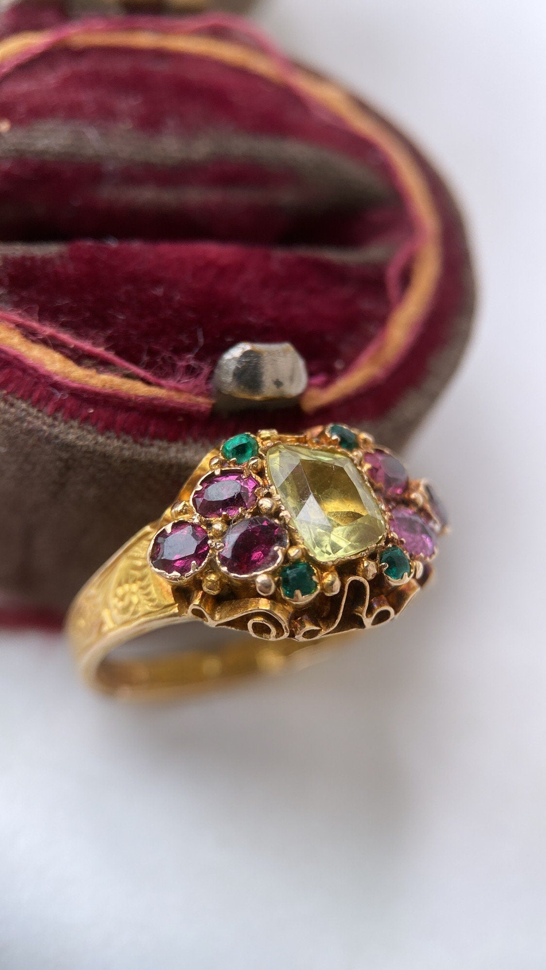 victorian garnet, emerald paste and chrysoberyl ring