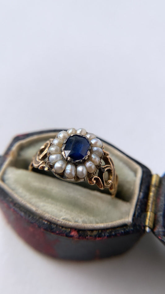 antique sapphire & pearl cluster